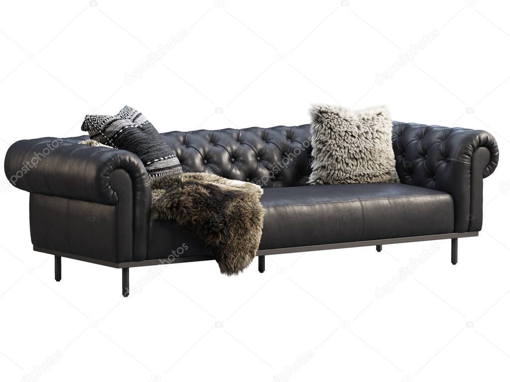 Black leather chesterfield sofa. Leather upholstery classic sofa with fur pillows and throw plaid on white background. Mid-century, Loft, Chalet, Scandinavian interior. 3d render