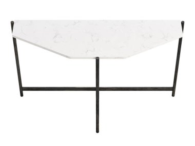 Beyaz zemin üzerinde işlenmiş demir tabanı ve mermer tezgahı olan modern konsol masası. Yüzyılın ortalarında, çatı katı, Chalet, İskandinav iç mimarisi. 3d hazırlayıcı