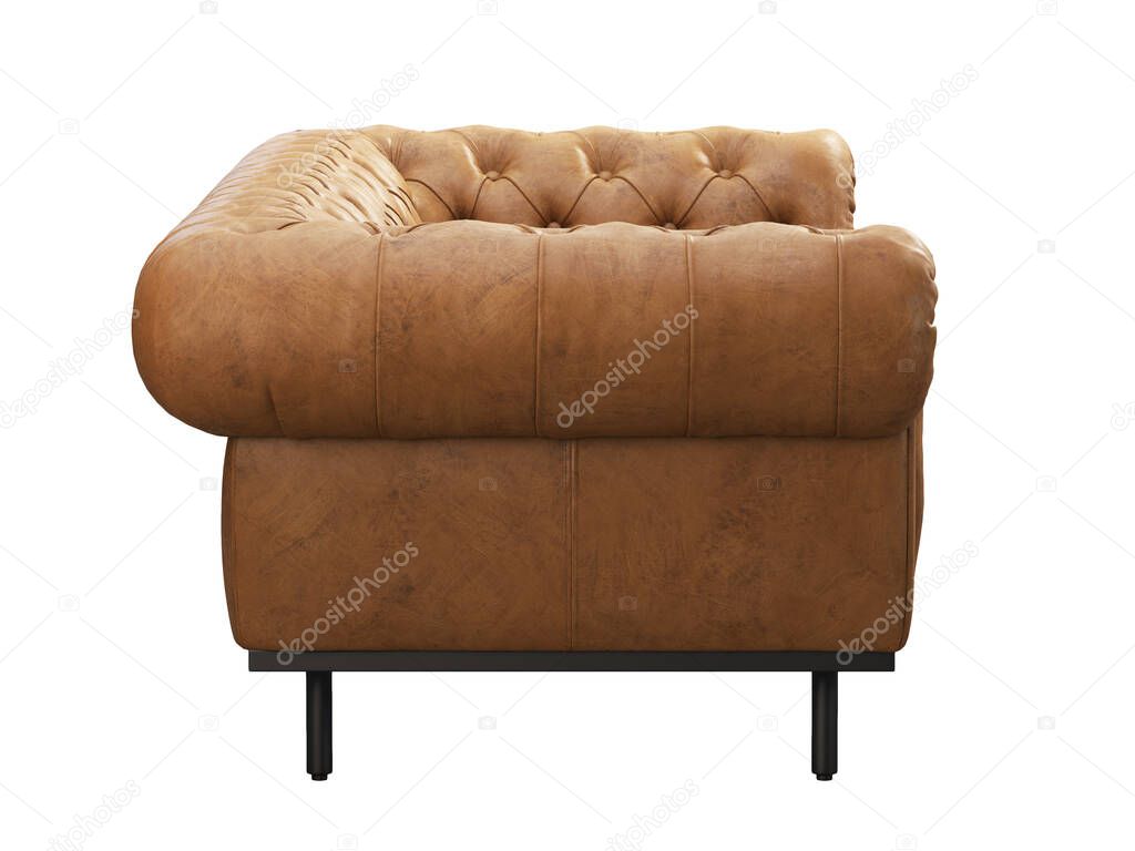 Brown leather chesterfield sofa. Leather upholstery classic sofa with thin black metal legs on white background. Mid-century, Loft, Chalet, Scandinavian interior. 3d render