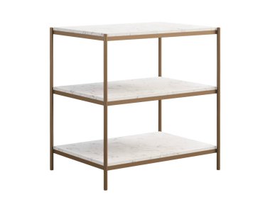 Beyaz arka planda pirinç tabanlı ve mermer raflı modern komodin. Yüzyılın ortalarında, çatı katı, Chalet, İskandinav iç mimarisi. 3d hazırlayıcı