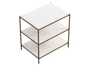 Beyaz arka planda pirinç tabanlı ve mermer raflı modern komodin. Yüzyılın ortalarında, çatı katı, Chalet, İskandinav iç mimarisi. 3d hazırlayıcı