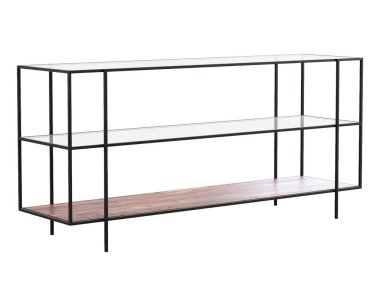 Metal tabanlı modern konsol masası ve beyaz arka planda cam raflar. Yüzyılın ortalarında, çatı katı, Chalet, İskandinav iç mimarisi. 3d hazırlayıcı
