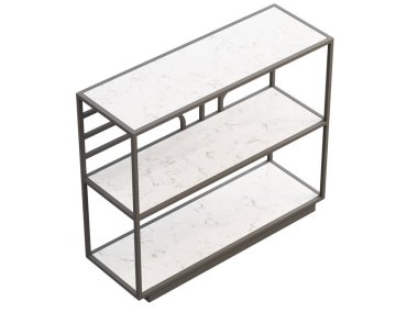Metal tabanlı modern konsol masası ve beyaz arka planda mermer raflar. Yüzyılın ortalarında, çatı katı, Chalet, İskandinav iç mimarisi. 3d hazırlayıcı