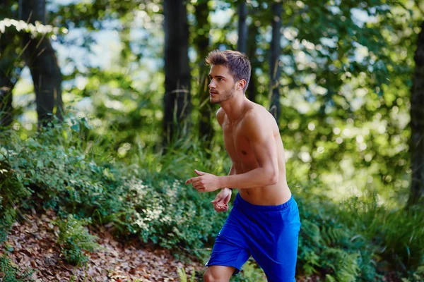 Junger Mann läuft im Wald bergauf — Stockfoto