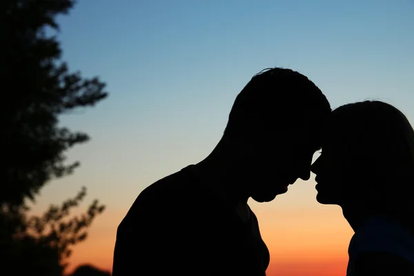 Silhueta de um casal ao pôr do sol — Fotografia de Stock