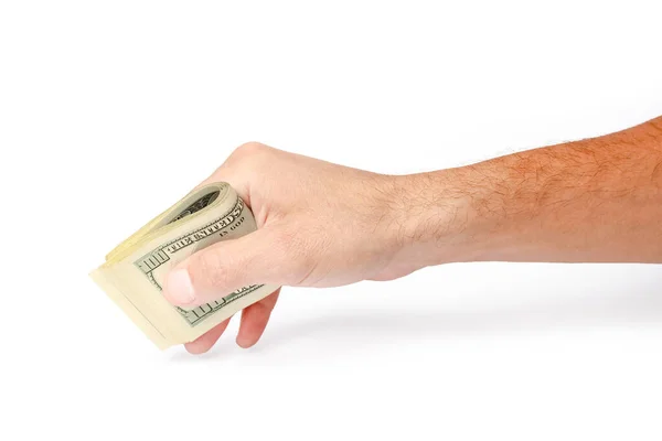 Dinheiro Negócios Dólares Nas Mãos Fundo Branco — Fotografia de Stock