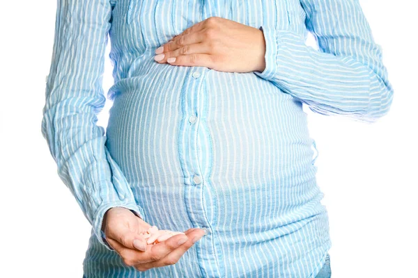 Happy Pregnant Girl Lies White Background — Stock Photo, Image