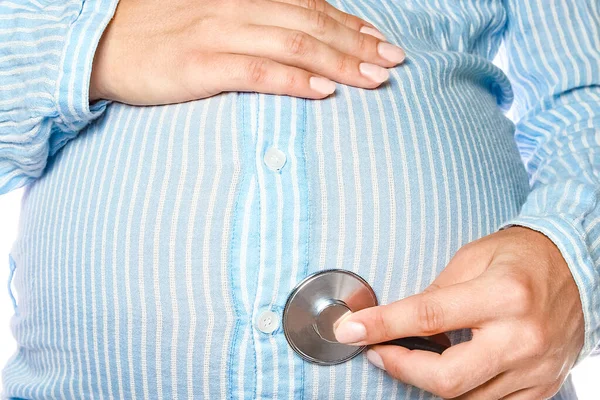 Felice Ragazza Incinta Trova Sfondo Bianco — Foto Stock