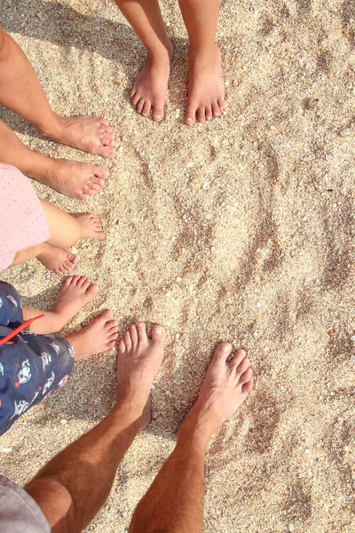 美丽的一家人的腿在靠近大海的沙滩上 — 图库照片