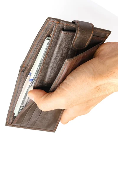 財布の中のドルのお金と白い背景の手 — ストック写真
