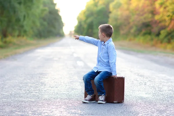 Bambino Felice Con Una Valigia Sulla Strada Nel Viaggio Parco — Foto Stock