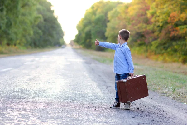 Glückliches Kind Mit Koffer Unterwegs Park — Stockfoto