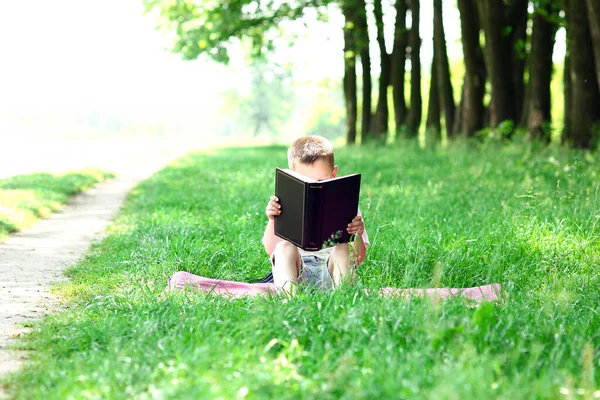 Boy Reading Book Bible Outdoors — Stock Photo, Image