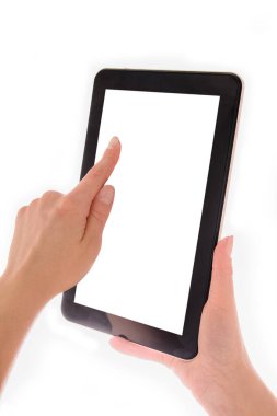 İnsan eliyle yapılan tablet bilgisayar dokunmatik ekran cihazıyla izole edilmiş.