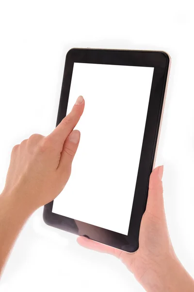 Lidských Rukou Tablet Počítač Dotykový Displej Izolovaným — Stock fotografie