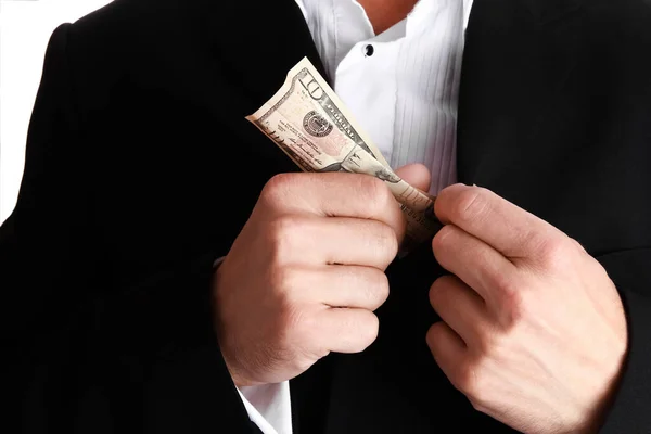 Hombre Negocios Sosteniendo Dinero Sobre Fondo Blanco — Foto de Stock