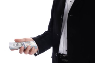 Beyaz arka planda parası olan bir iş adamı