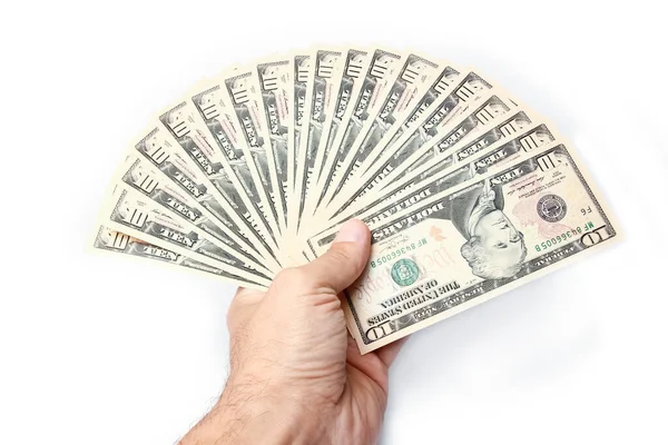 Peníze Dolary Rukou Bílém Pozadí — Stock fotografie