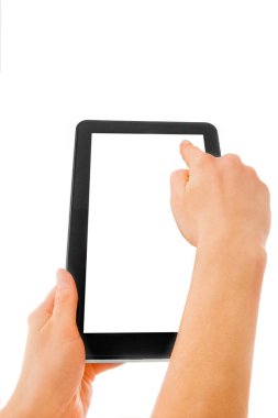 İnsan eliyle yapılan tablet bilgisayar dokunmatik ekran cihazıyla izole edilmiş.