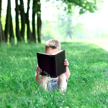 Küçük mutlu çocuk İncil 'i doğada okuyor.