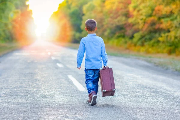 公園旅行の途中でスーツケース付きの幸せな子供 — ストック写真