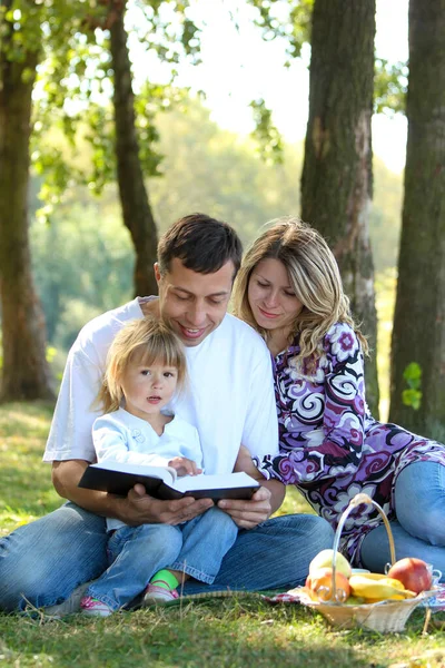 Joven Familia Feliz Con Niño Leyendo Biblia Naturaleza Con Picnic — Foto de Stock