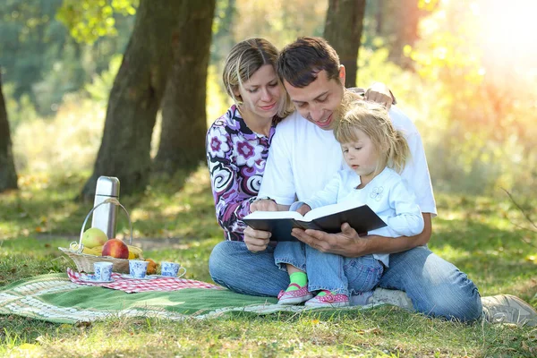 Jong Gezin Met Kind Dat Bijbel Natuur Leest Met Picknick — Stockfoto