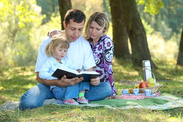 Junge Familie Mit Kind Beim Bibellesen Der Natur Mit Picknick — Stockfoto