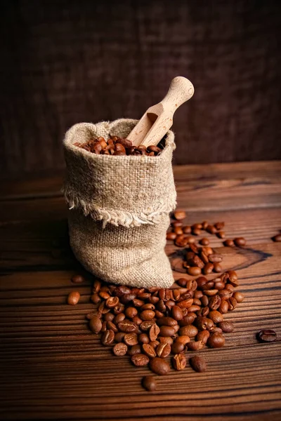 Kaffeböna Väska Trä Bakgrund — Stockfoto