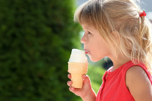 Bambino Felice Mangiare Gelato Sulla Natura Del Parco — Foto Stock