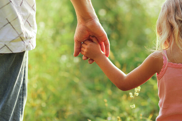 hands of parent and child outdoors in the park