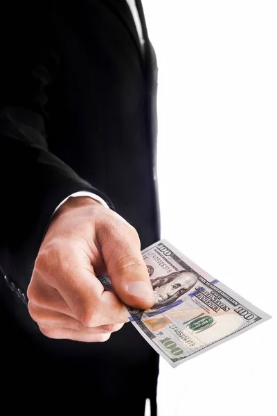 白い背景でお金を持っているビジネスマン — ストック写真
