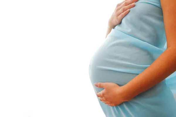 Ventre Enceinte Sur Fond Blanc Avec Bleu — Photo