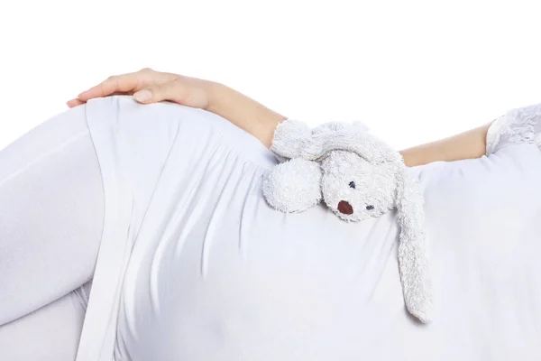 Happy Pregnant Girl Lies White Background — Stock Photo, Image