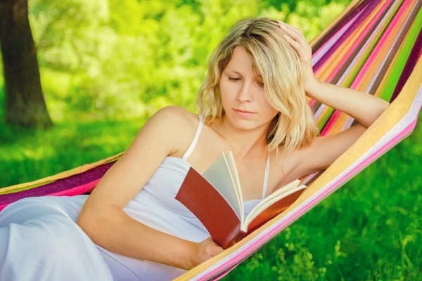 Happy Girl Reading Book Hammock Outdoors Park — Stock Photo, Image