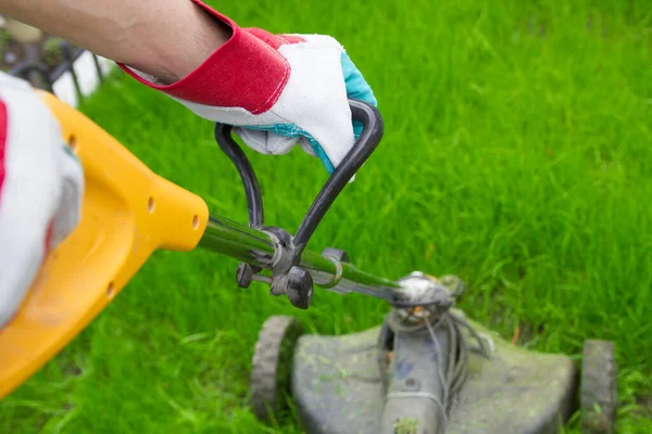 Homme Tond Herbe Avec Une Tondeuse Dans Jardin — Photo