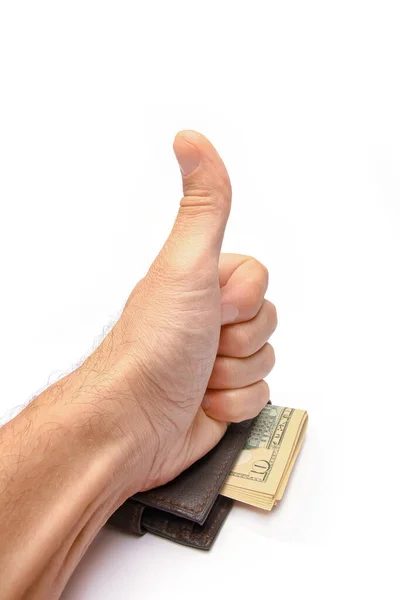 Dólares Dinheiro Sua Carteira Mãos Fundo Branco — Fotografia de Stock