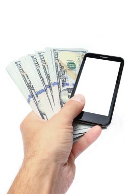 Cüzdanında dolar parası ve beyaz bir arka planda telefonun var.