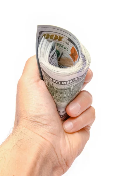 Dinheiro Dólares Nas Mãos Fundo Branco — Fotografia de Stock