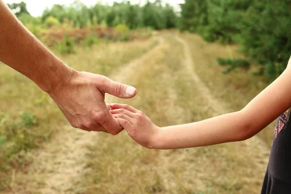 Föräldern Håller Ett Litet Barns Hand Nära Stigen — Stockfoto