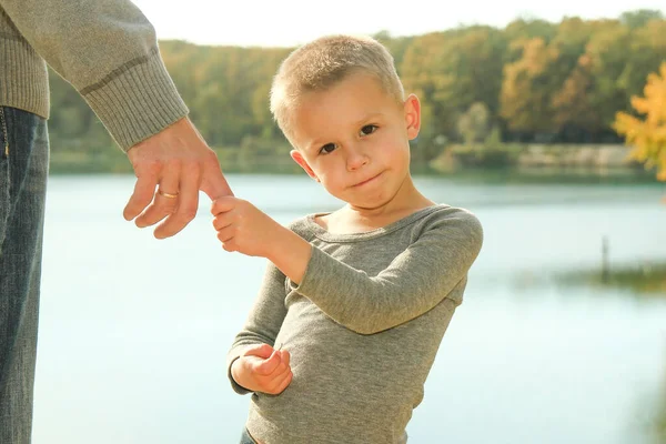 Parent Holds Hand Happy Small Boy Child Son — Stock Photo, Image