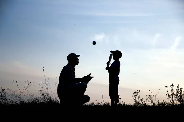 silhouette of father and son playing baseball on nature family sport concept