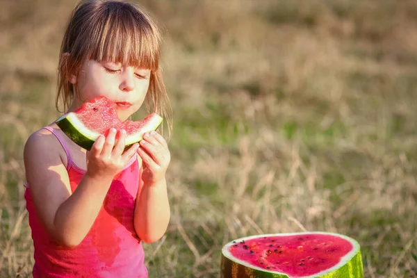 公園で自然の中でスイカの概念を食べる幸せな子供 — ストック写真