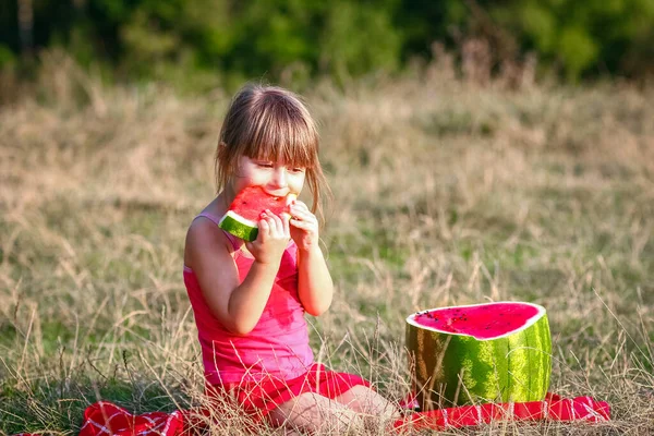 Criança Feliz Comendo Conceito Melancia Natureza Parque — Fotografia de Stock