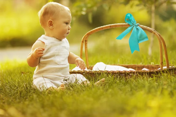 Boy sitting on grass with basket — Stock Photo, Image