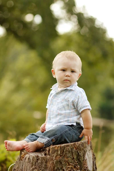 Pojken sitter på stubben — Stockfoto