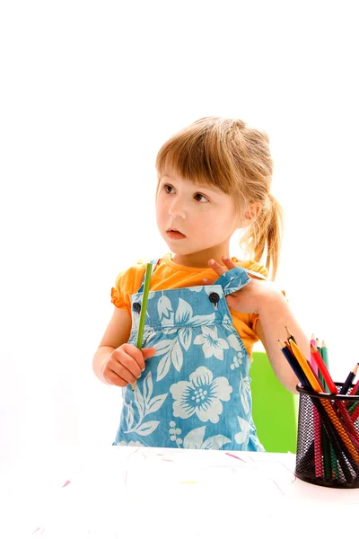 Cute kitle girl and pencils — Stock Photo, Image