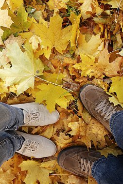 Çift ayak üzerinde sonbahar yaprakları