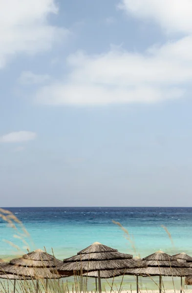 Guarda-chuvas Reed na praia tropical — Fotografia de Stock