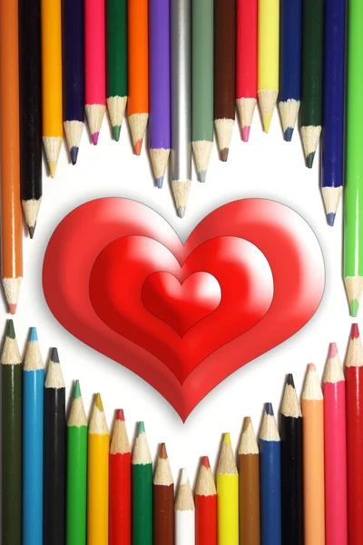 Red heart with pencils — Stock Photo, Image